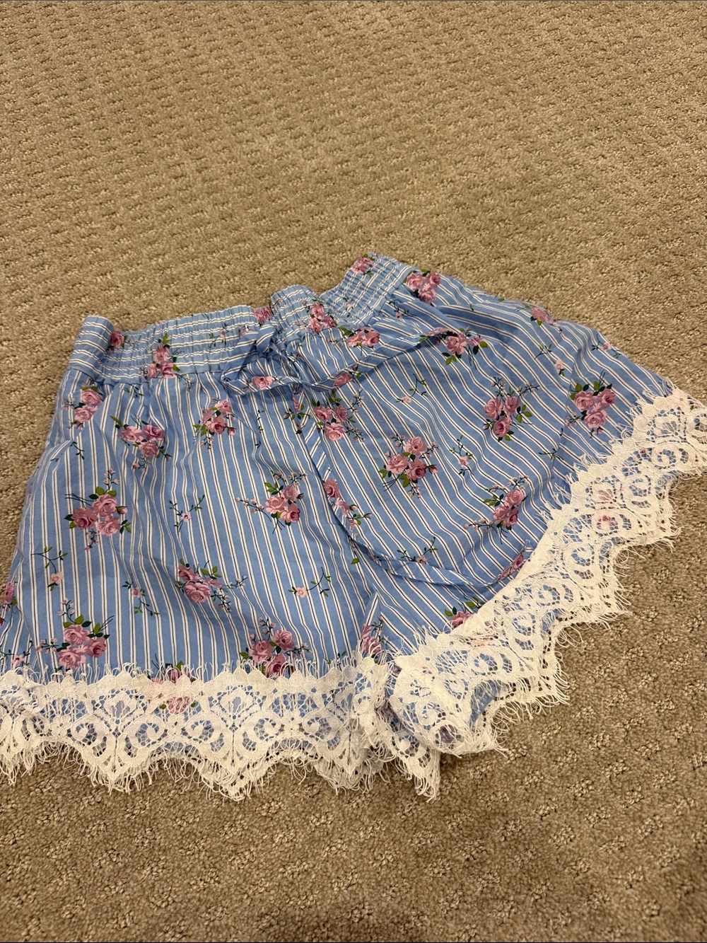 Zara Blue Floral Mini Skirt with White Lace Trim